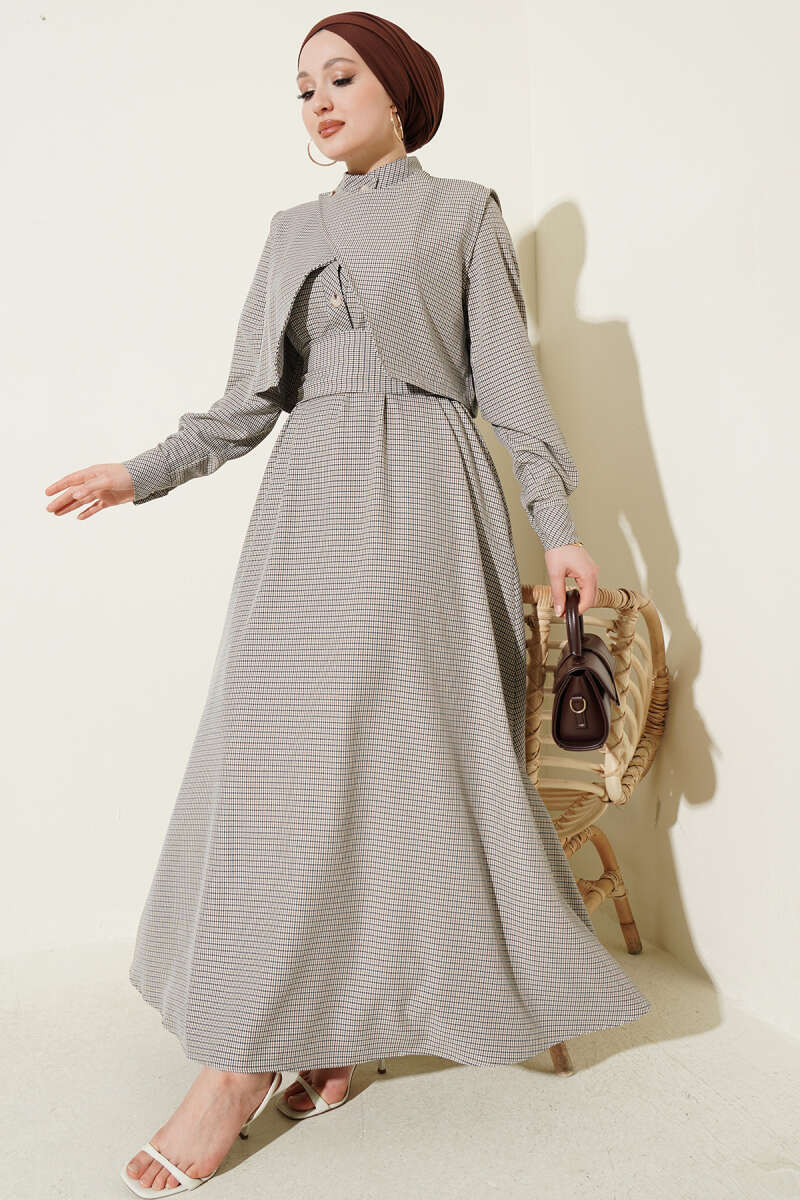 Belted Gingham Dress with Vest - Mustard