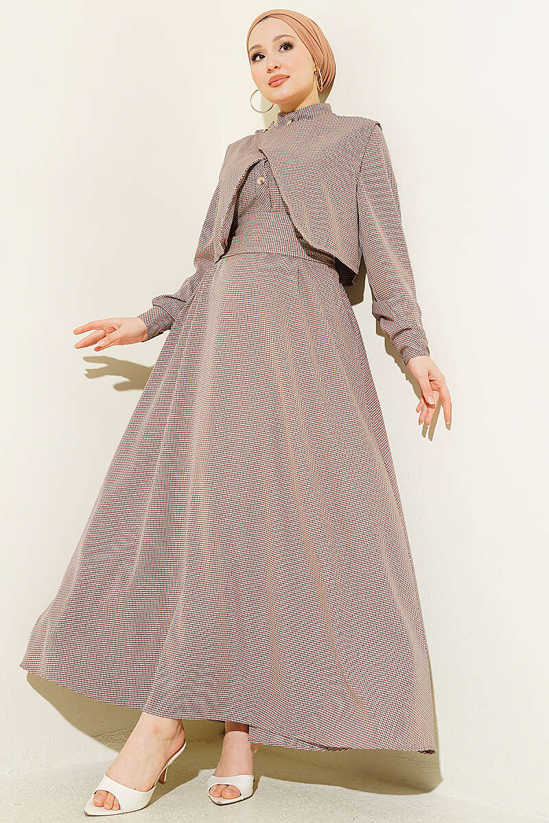 Belted Gingham Dress with Vest - Brown