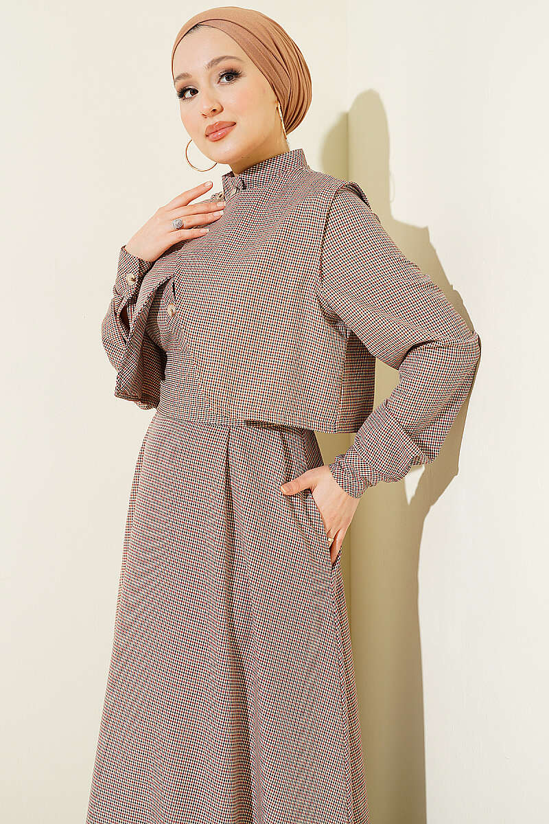 Belted Gingham Dress with Vest - Brown