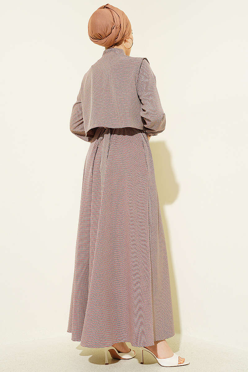 Belted Gingham Dress with Vest - Brown