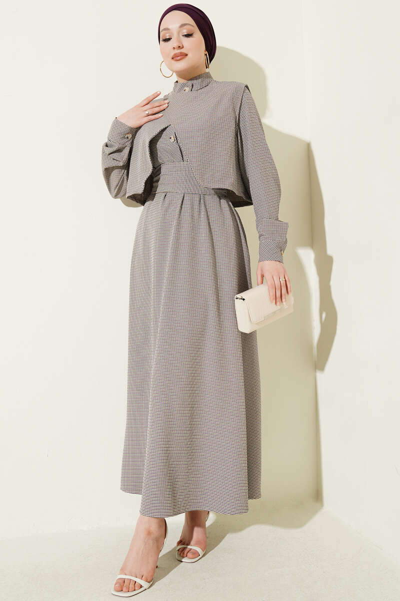 Belted Gingham Dress with Vest - Lilac