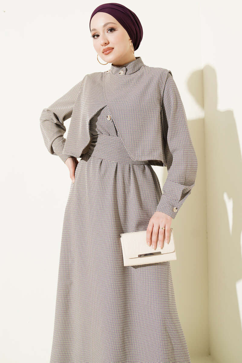 Belted Gingham Dress with Vest - Lilac