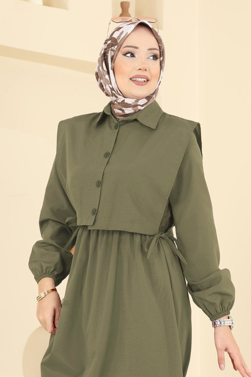 Poly-Cotton Dress Set with Vest - Light Khaki
