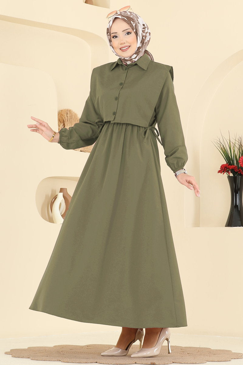 Poly-Cotton Dress Set with Vest - Light Khaki