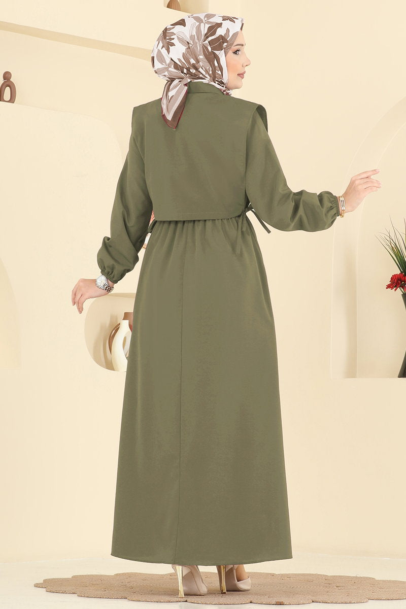 Poly-Cotton Dress Set with Vest - Light Khaki