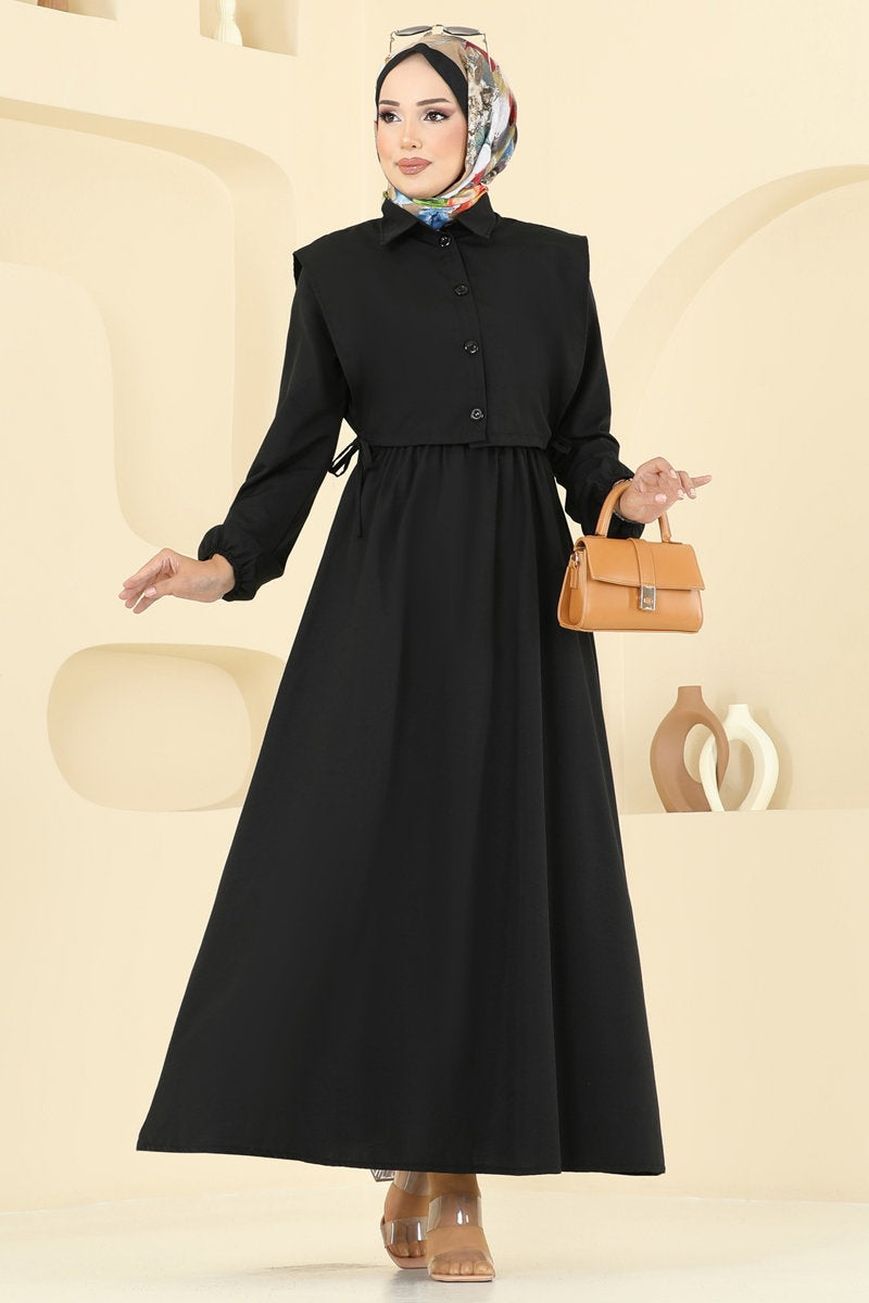 Poly-Cotton Dress Set with Vest - Black