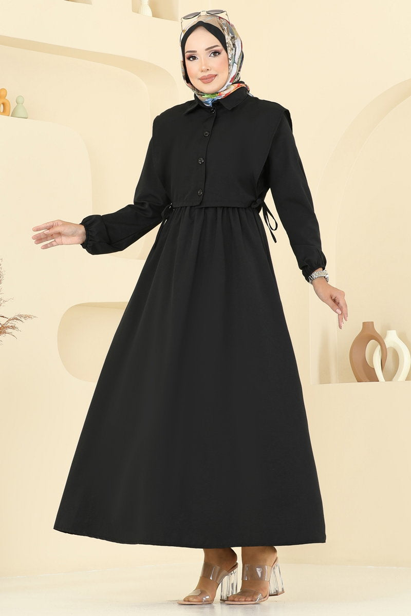 Poly-Cotton Dress Set with Vest - Black
