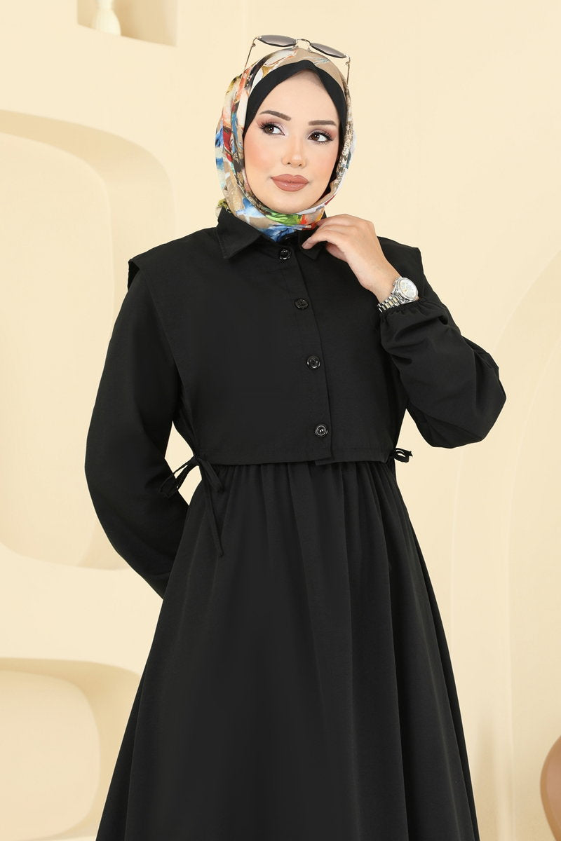 Poly-Cotton Dress Set with Vest - Black