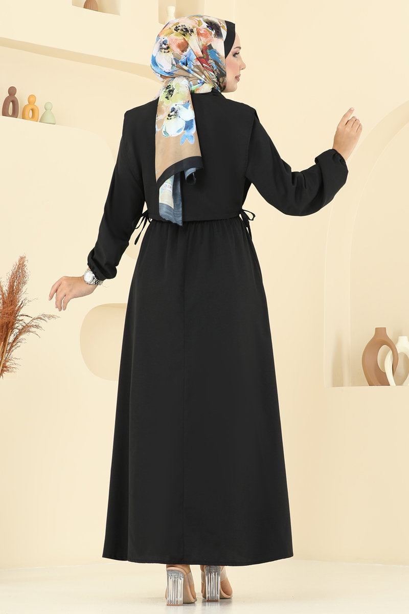 Poly-Cotton Dress Set with Vest - Black