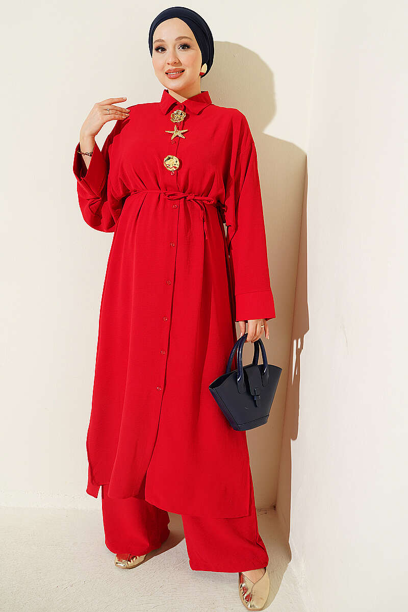 Long Tunic Two-Piece Set with Star Accessory - Red