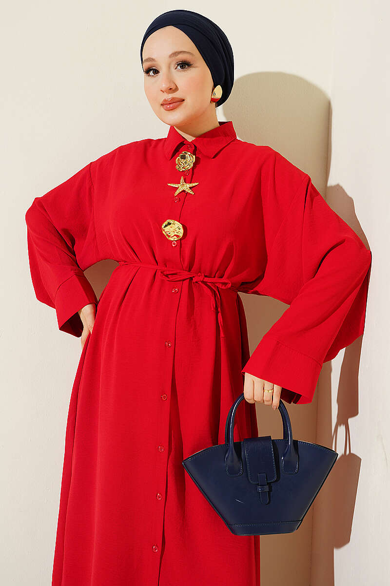 Long Tunic Two-Piece Set with Star Accessory - Red