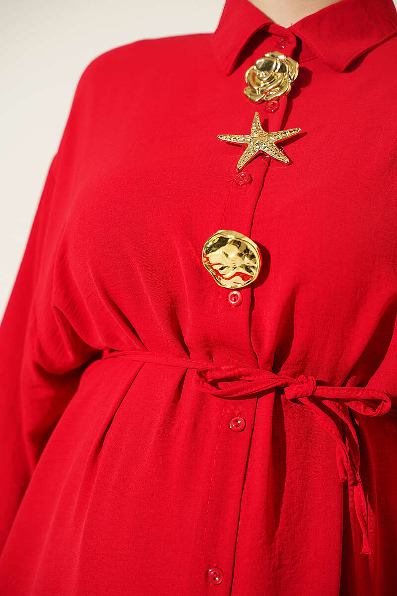 Long Tunic Two-Piece Set with Star Accessory - Red