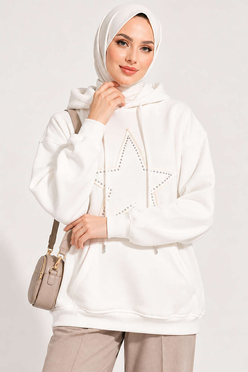 Three-Thread Sweatshirt with Star Badge - Ecru
