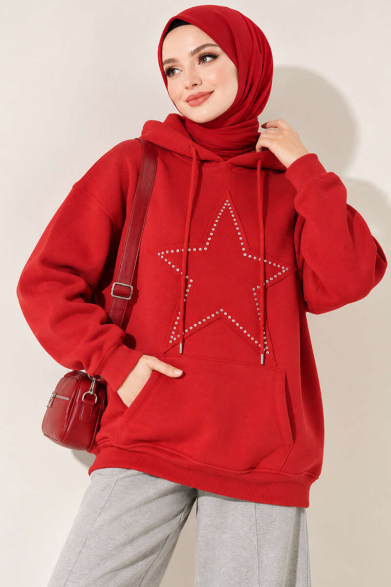 Three-Thread Sweatshirt with Star Badge - Red