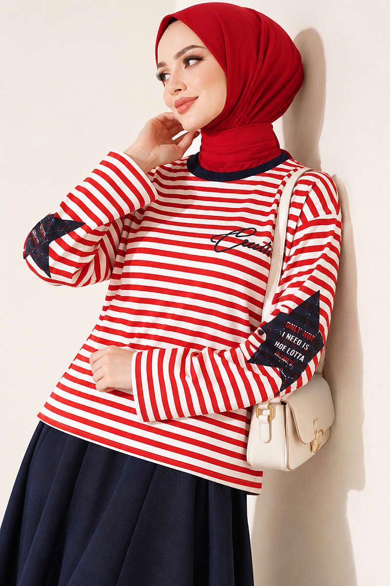 Star Print Striped Sweatshirt - Red
