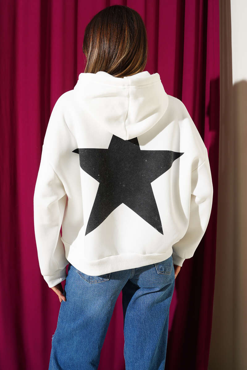 Hooded Brushed Star Print Sweatshirt - Ecru