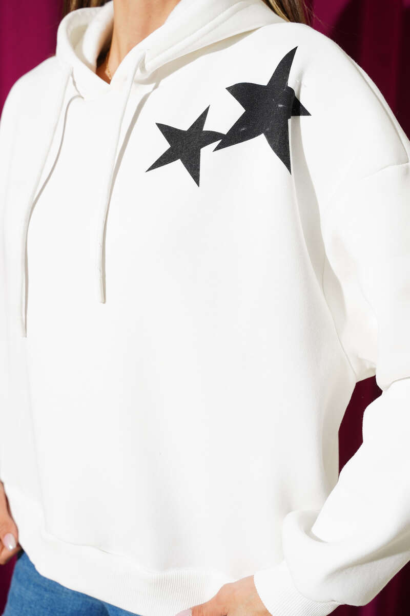 Hooded Brushed Star Print Sweatshirt - Ecru