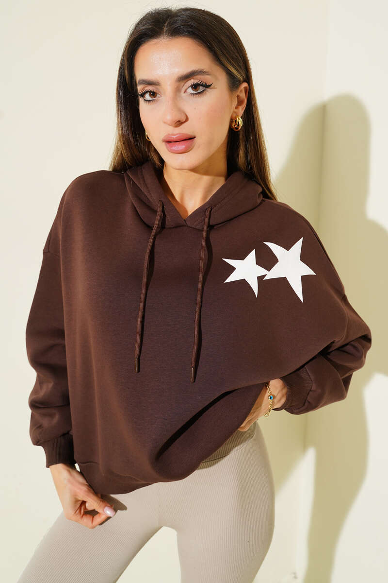 Hooded Brushed Star Print Sweatshirt - Brown