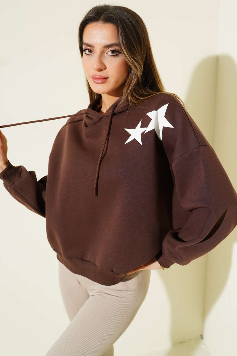 Hooded Brushed Star Print Sweatshirt - Brown