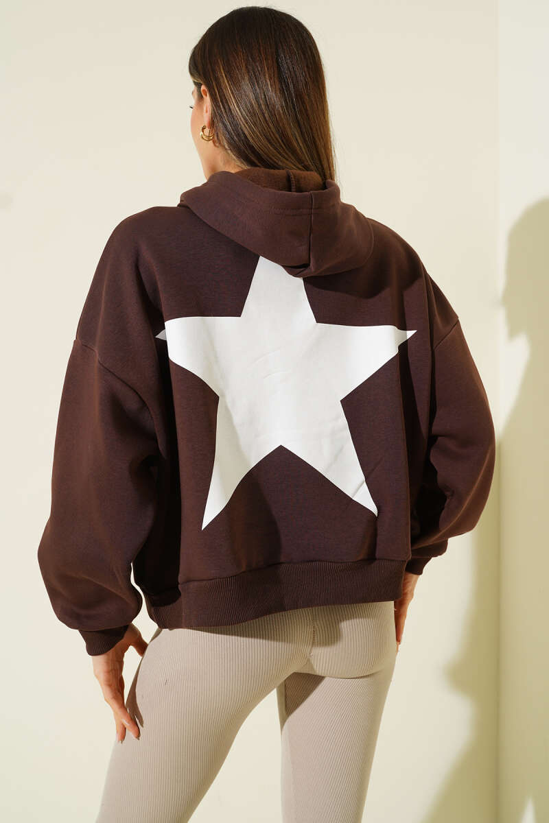 Hooded Brushed Star Print Sweatshirt - Brown