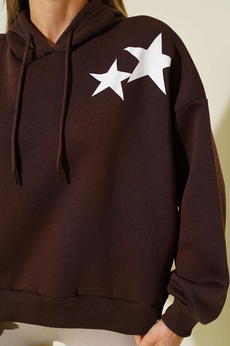 Hooded Brushed Star Print Sweatshirt - Brown