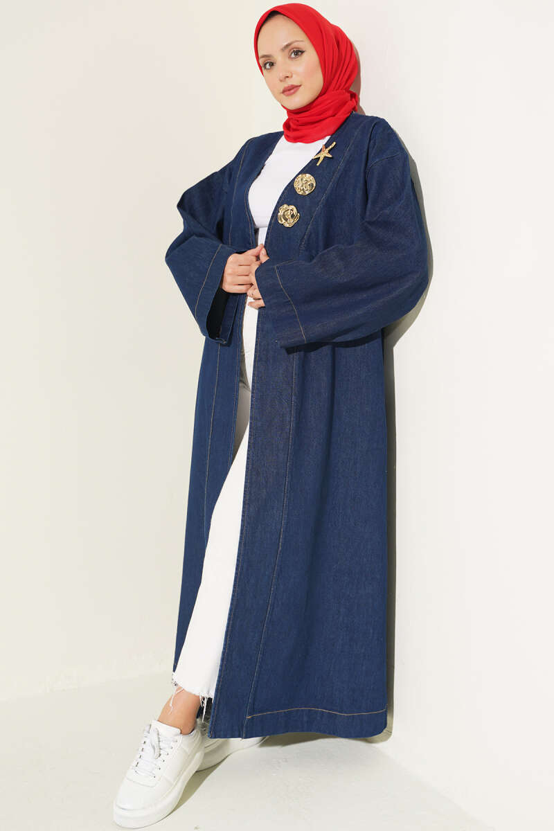 Long Cape Coat with Star Brooch - Denim Blue