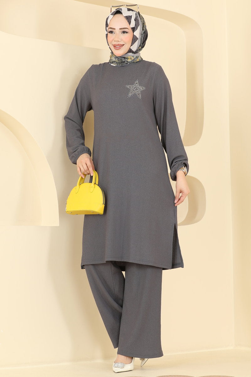 Star-Print Crinkle Two-Piece Set - Charcoal