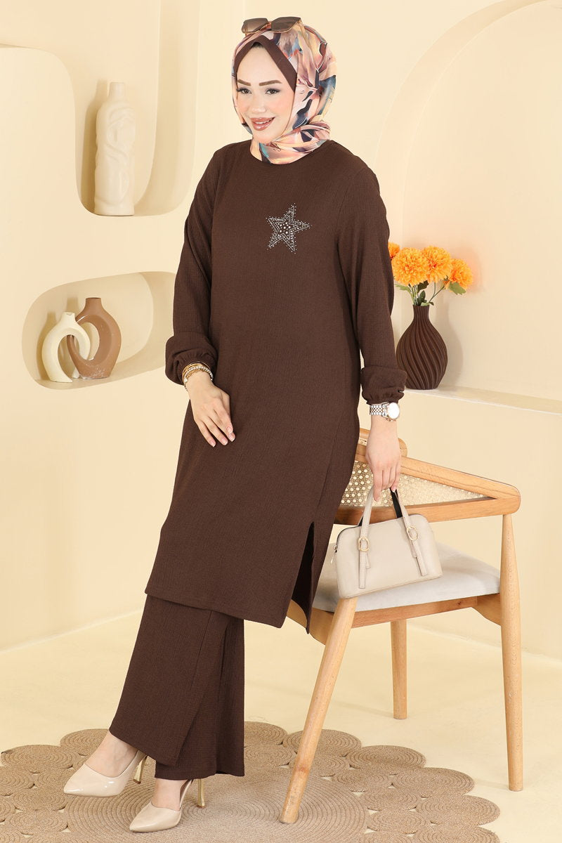 Star-Print Crinkle Two-Piece Set - Brown