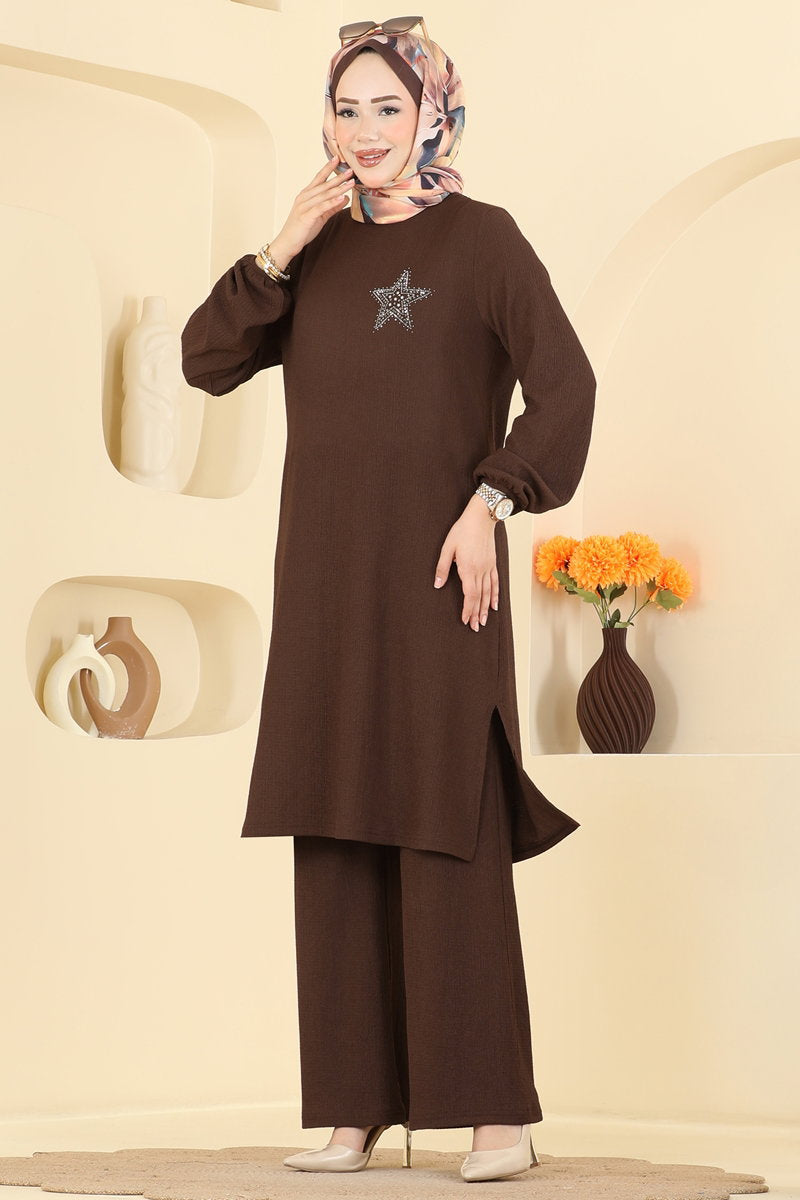 Star-Print Crinkle Two-Piece Set - Brown
