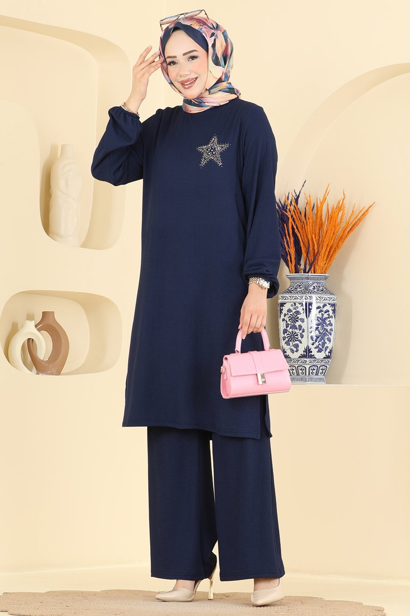Star-Print Crinkle Two-Piece Set - Navy