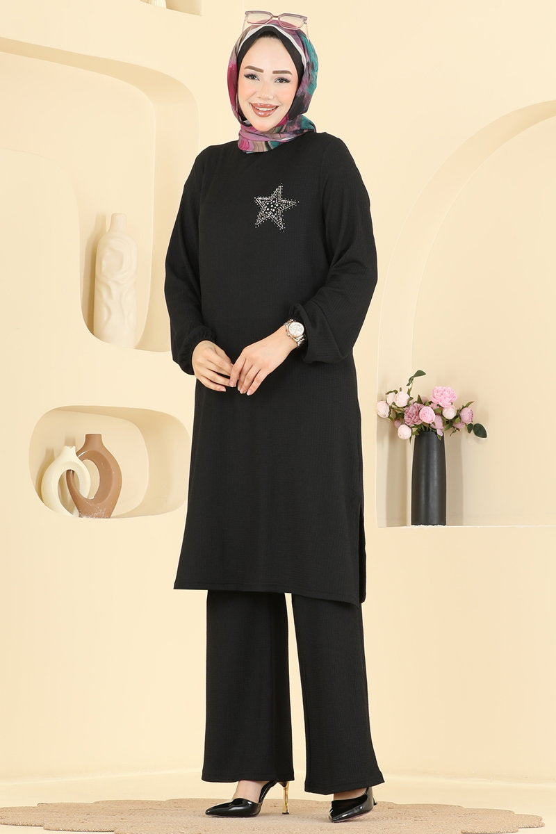 Star-Print Crinkle Two-Piece Set - Black