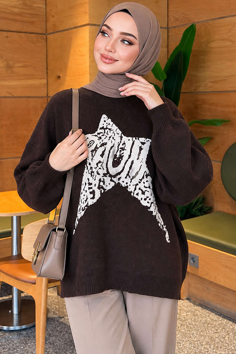 Star-Embroidered Knit Sweater - Brown