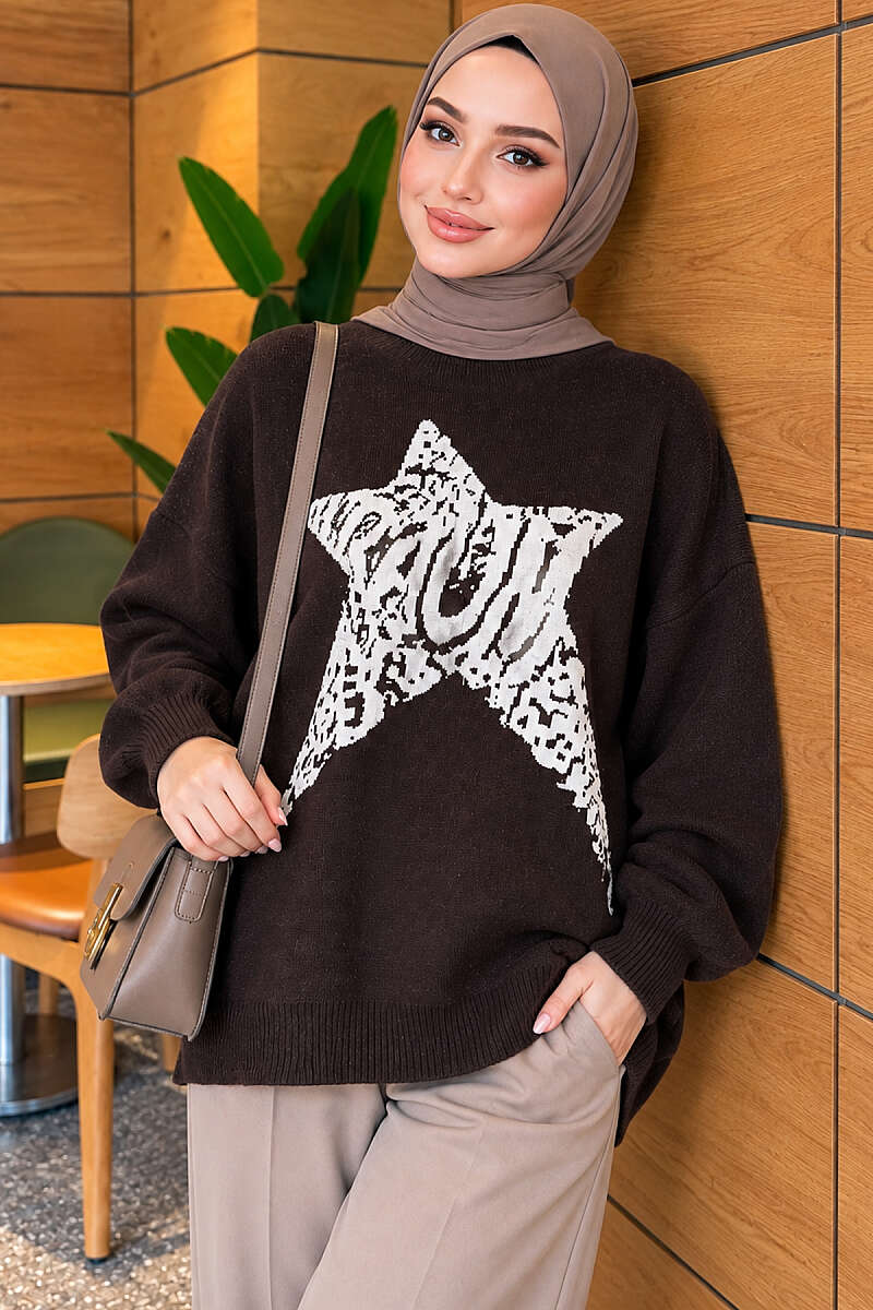 Star-Embroidered Knit Sweater - Brown