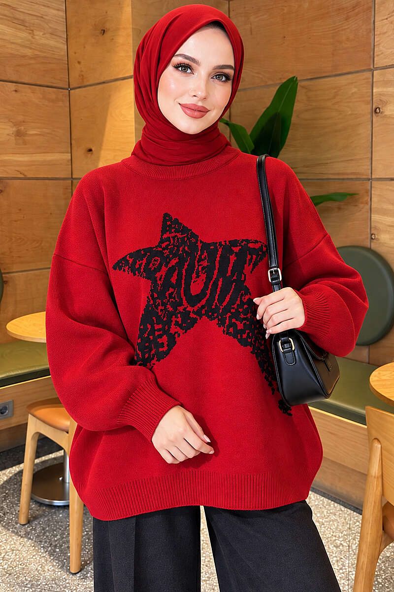 Star-Embroidered Knit Sweater - Red
