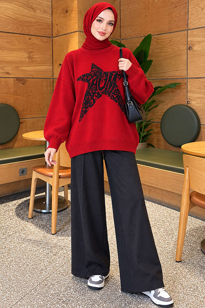 Star-Embroidered Knit Sweater - Red