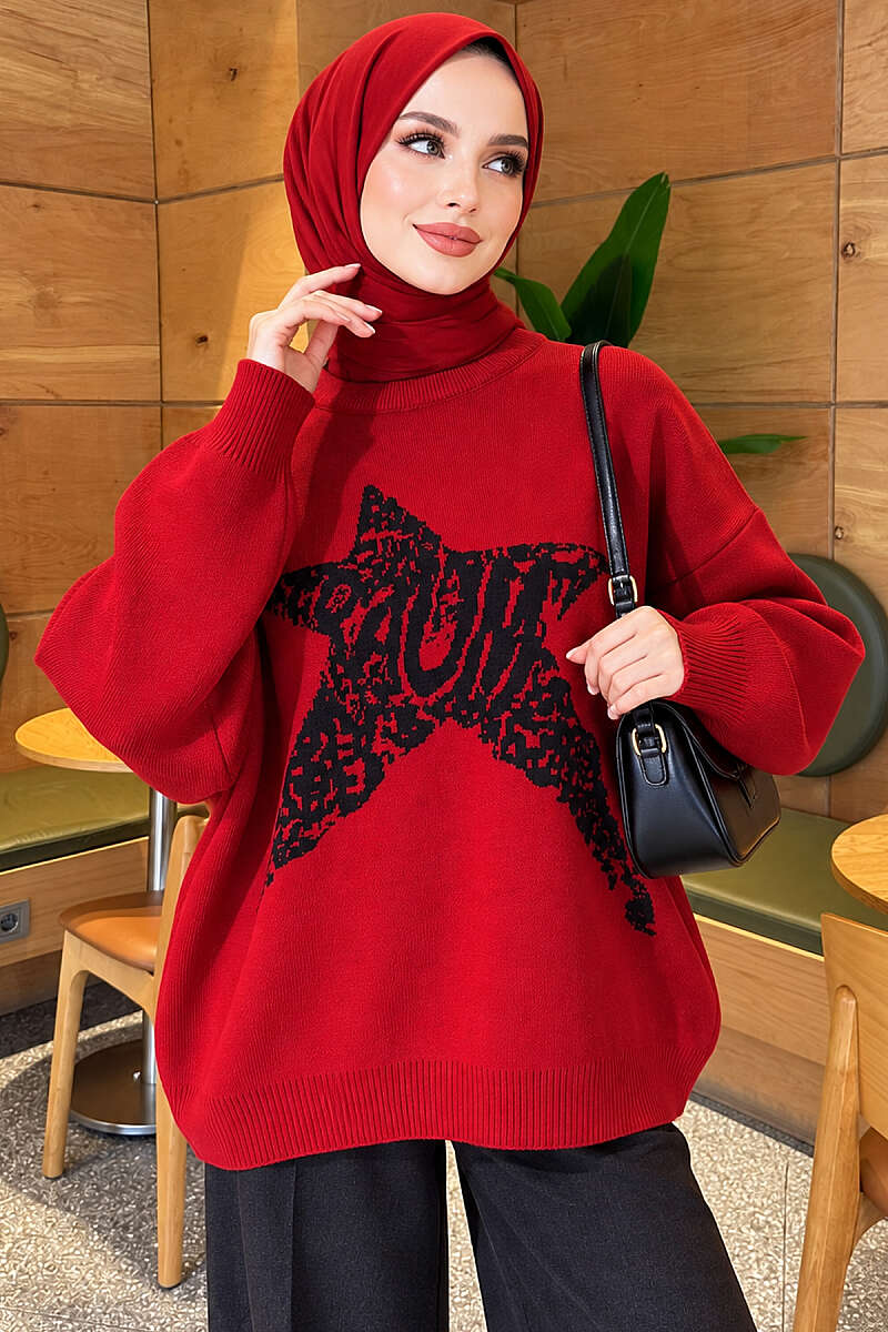 Star-Embroidered Knit Sweater - Red