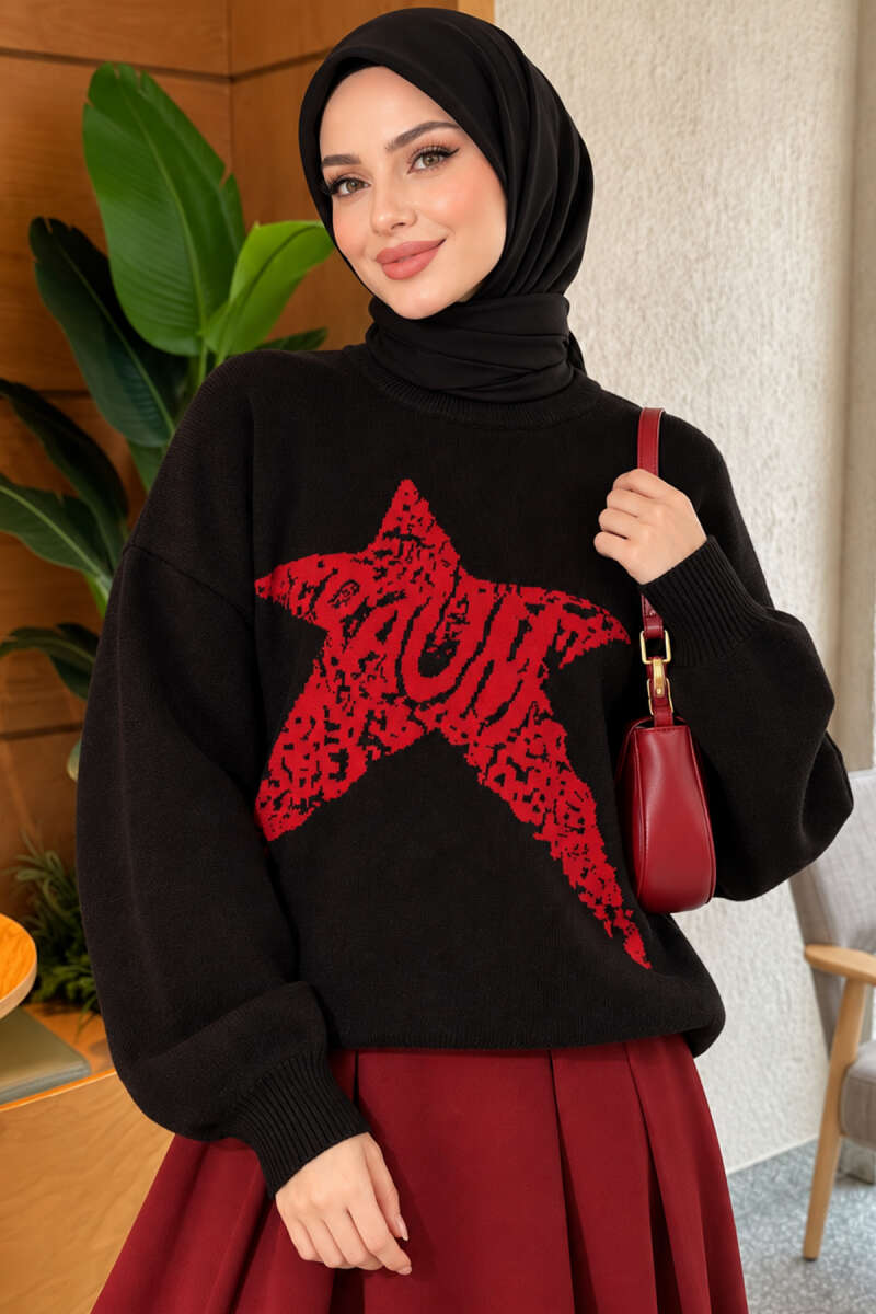 Star-Embroidered Knit Sweater - Black