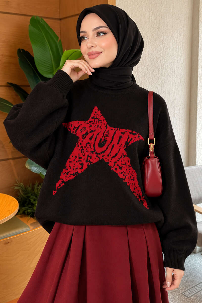 Star-Embroidered Knit Sweater - Black