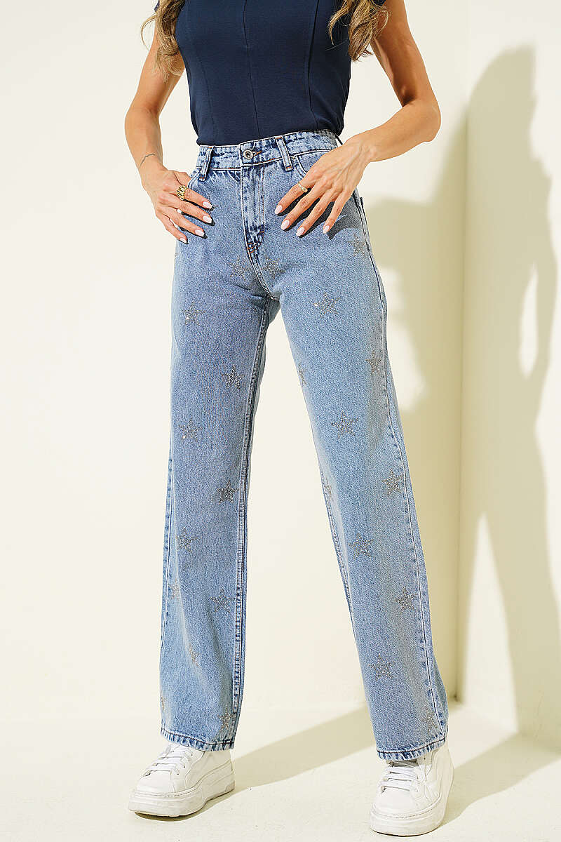 Palazzo Jeans with Star Stones - Light Blue
