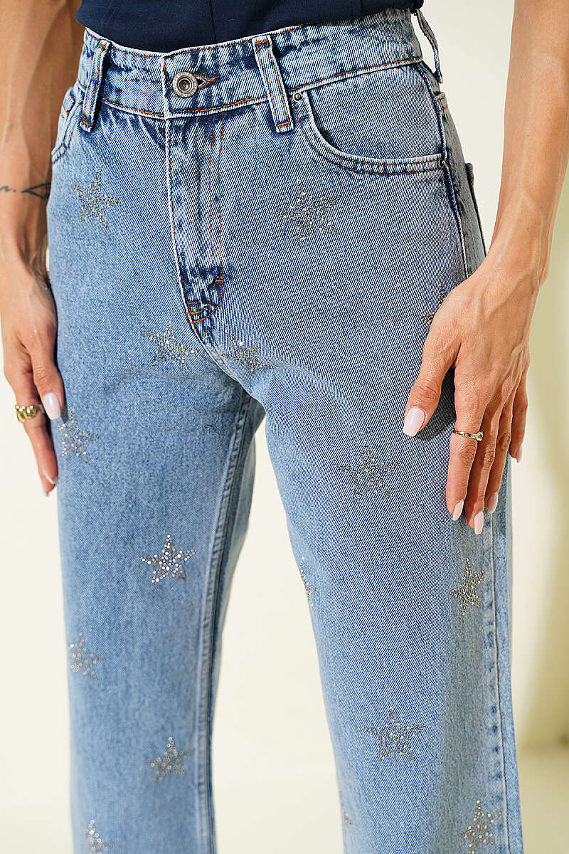 Palazzo Jeans with Star Stones - Light Blue