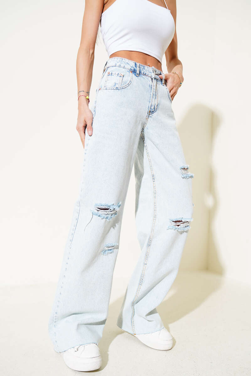 Ripped Denim Palazzo Pants - Ice Blue