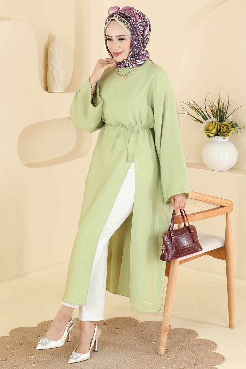 Modal Tunic with Slits and Ties - Almond Green