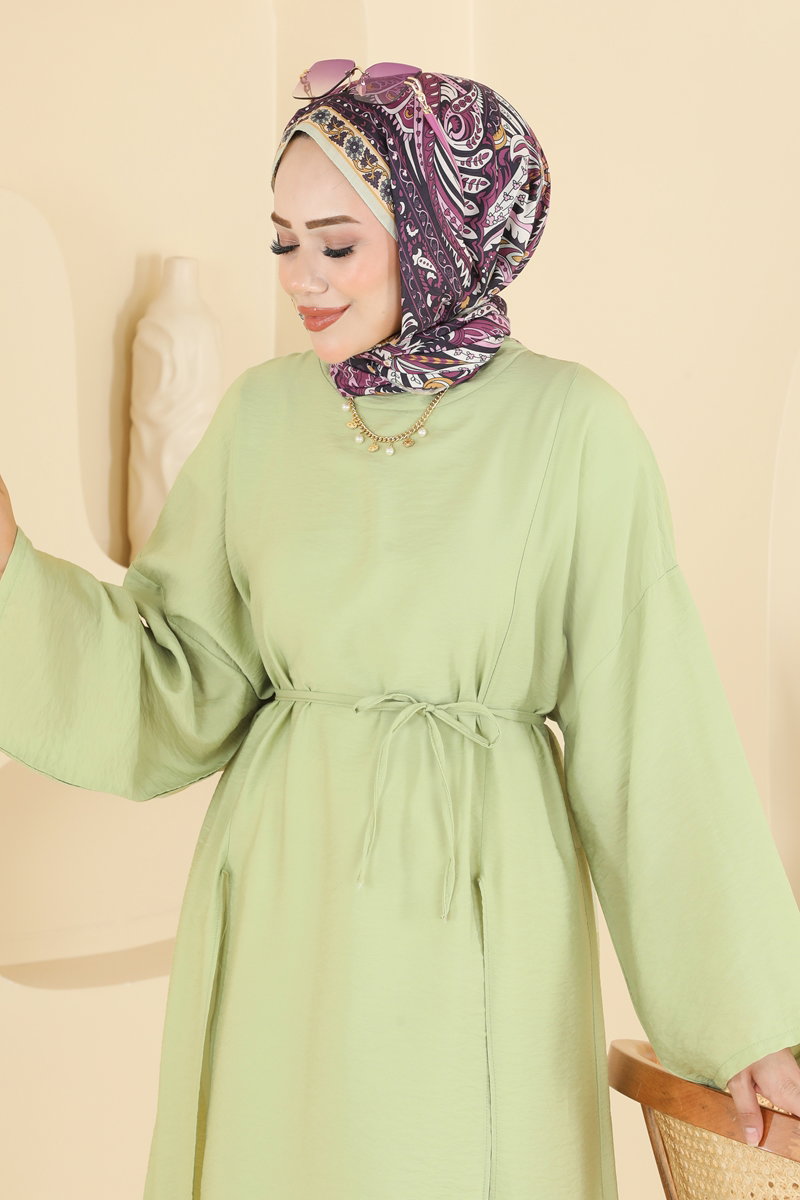 Modal Tunic with Slits and Ties - Almond Green