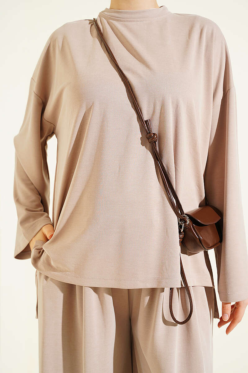 Basic Two-Piece Set with Slit Detail - Beige