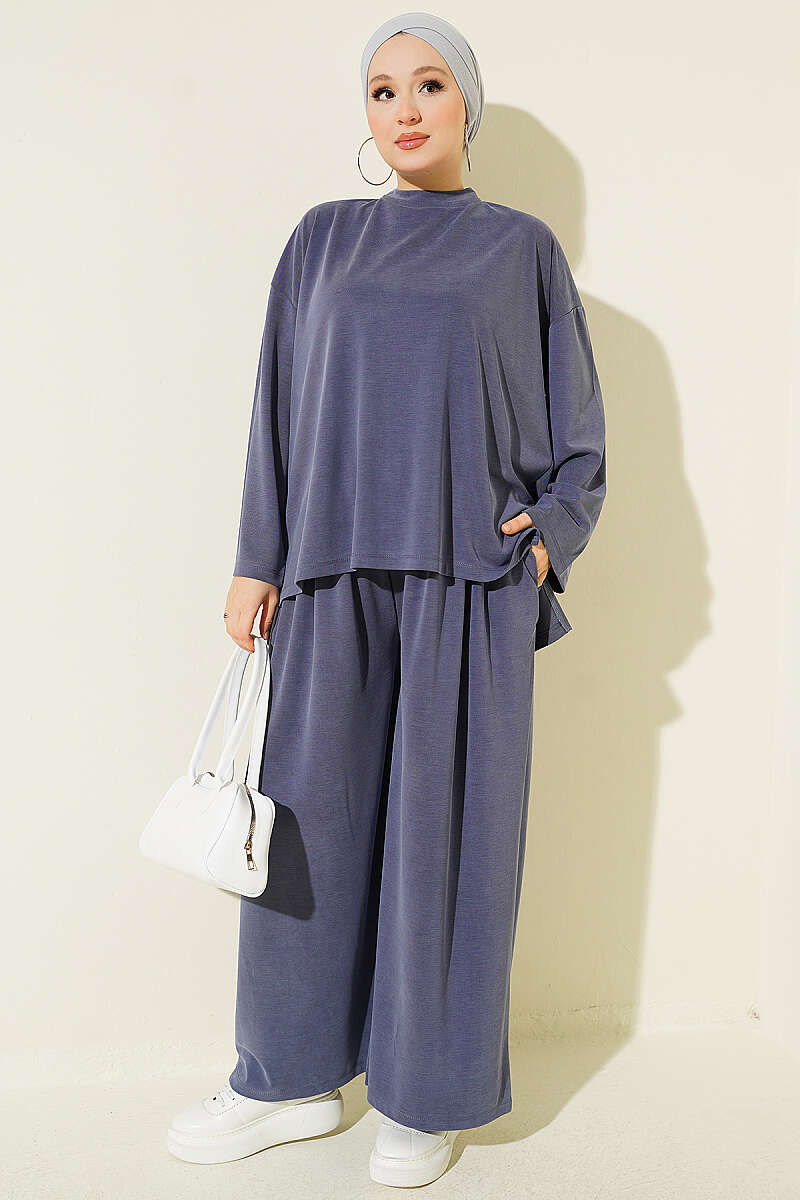 Basic Two-Piece Set with Slit Detail - Indigo