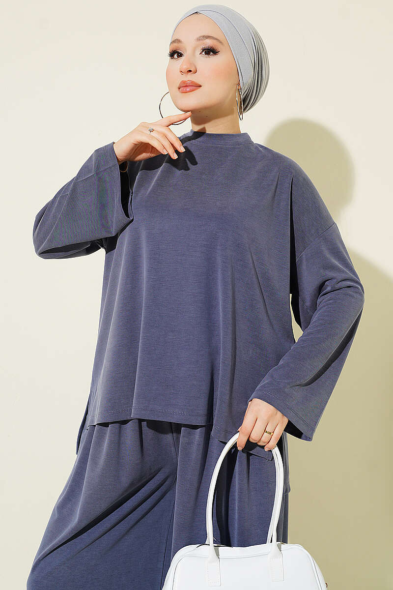 Basic Two-Piece Set with Slit Detail - Indigo