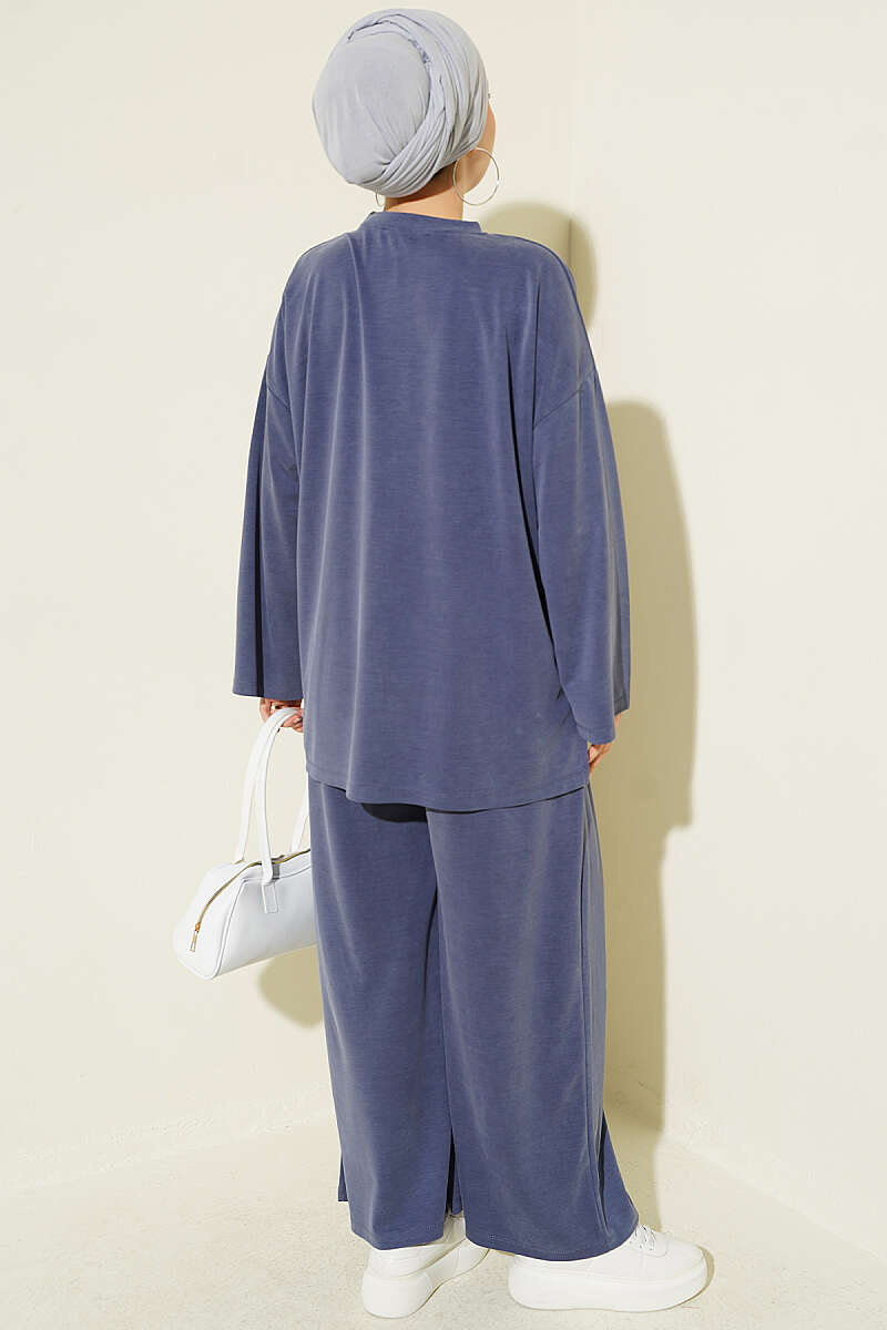 Basic Two-Piece Set with Slit Detail - Indigo