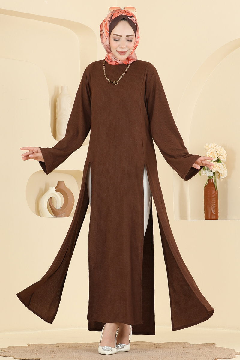 Crinkle Tunic with Side Slits - Brown