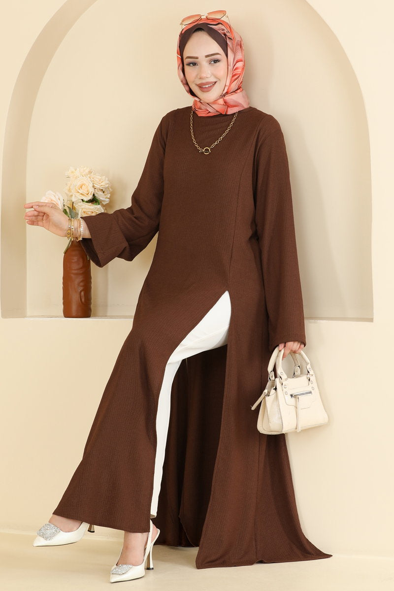 Crinkle Tunic with Side Slits - Brown