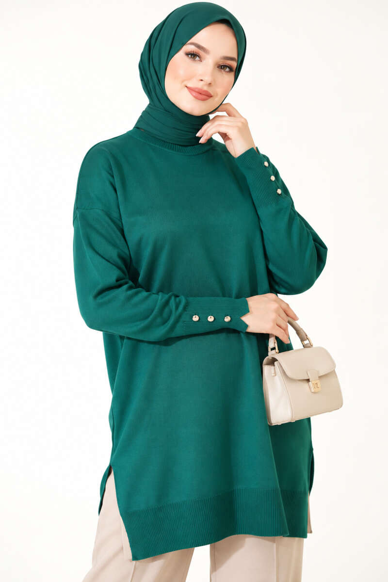 Mercerised Button Tunic with Slit Detail - Emerald